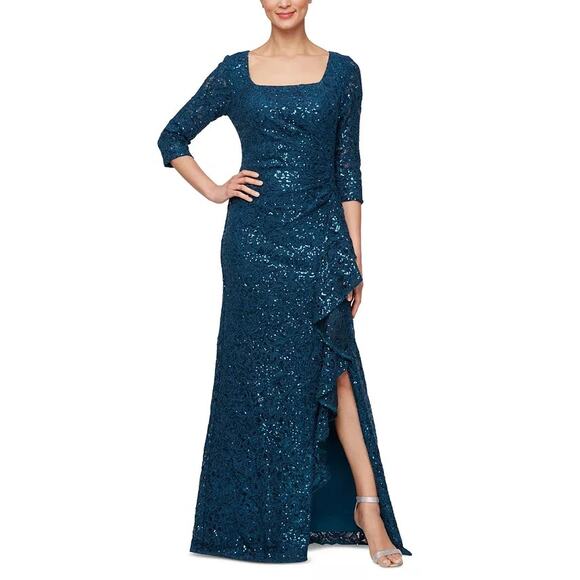 Alex Evenings Sequin Lace Gown Dress Square-Neck 3/4-Sleeve Deep Teal Size 8 NWT - Picture 1 of 12